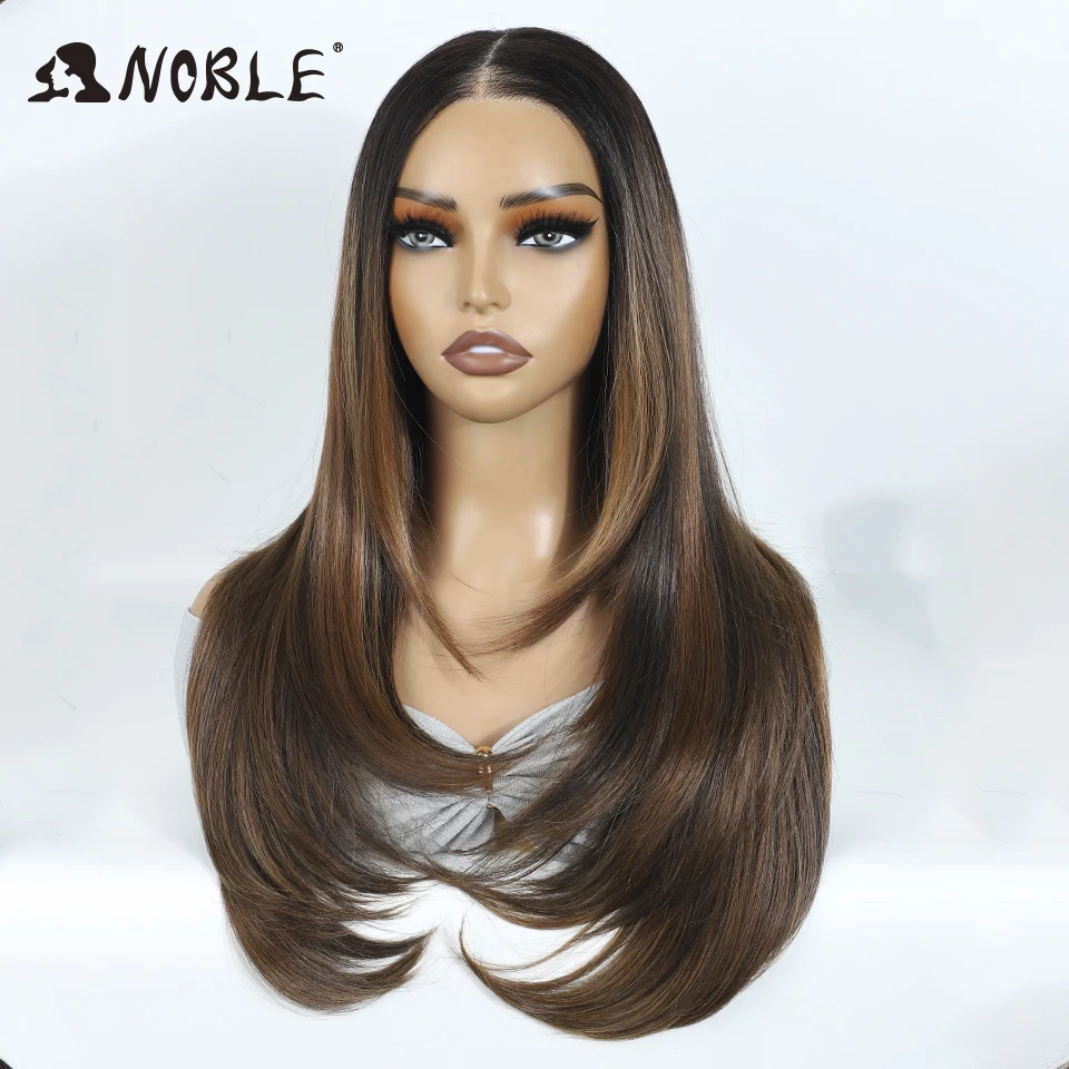 Noble Synthetic Lace Front Wig 24 Inch Straight Lace Wig Ombre Brown 6x4 Pre Plucked Pre Cut Wear and Go Glueless Wigs For Woman