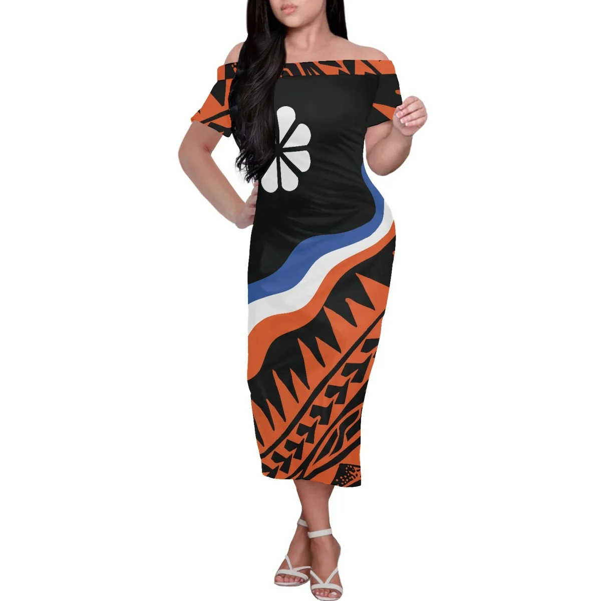 

HYCOOL-Polynesian Tribal Print Maxi Dresses for Women, Off Shoulder, Short Sleeves, Simple and Elegant, Summer Beach, 2023