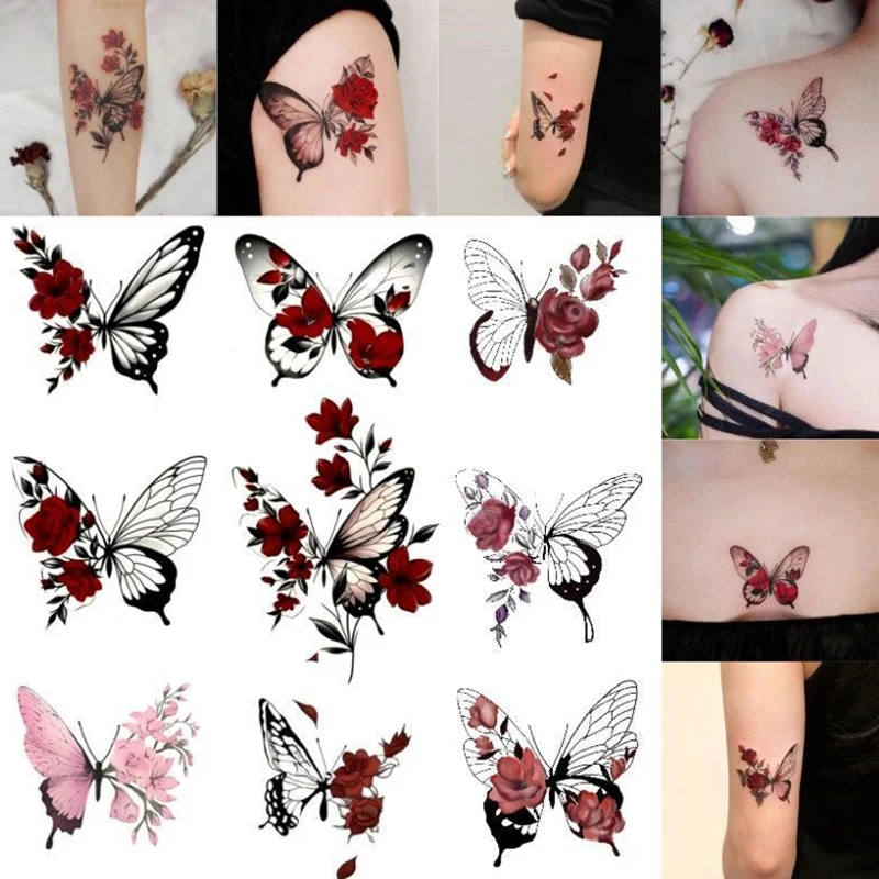 

1/9 Sheet Butterfly Rose Waterproof Temporary Tattoo Stickers Arm Ankle Female Fake Tattoo Collarbone Flower Art Tattoo Sticker