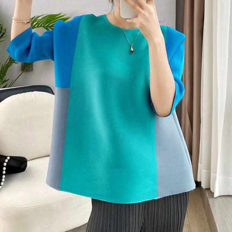 

High end high-end patchwork top, new summer pleated irregular round neck short sleeved T-shirt harajuku
