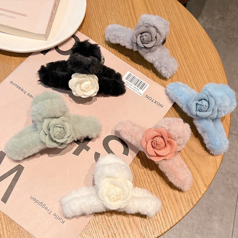 Winter Faux Fur Plush Camellia Hair Claw Clips Solid Hairpins Elegant Simple Shark Clip Women Girls Fluffy Hair Accessories