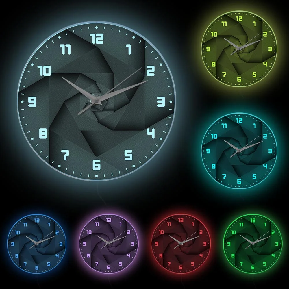 3D Vortex Printing Non-ticking Wall Clock Metal Frame LED Lighting Clock  