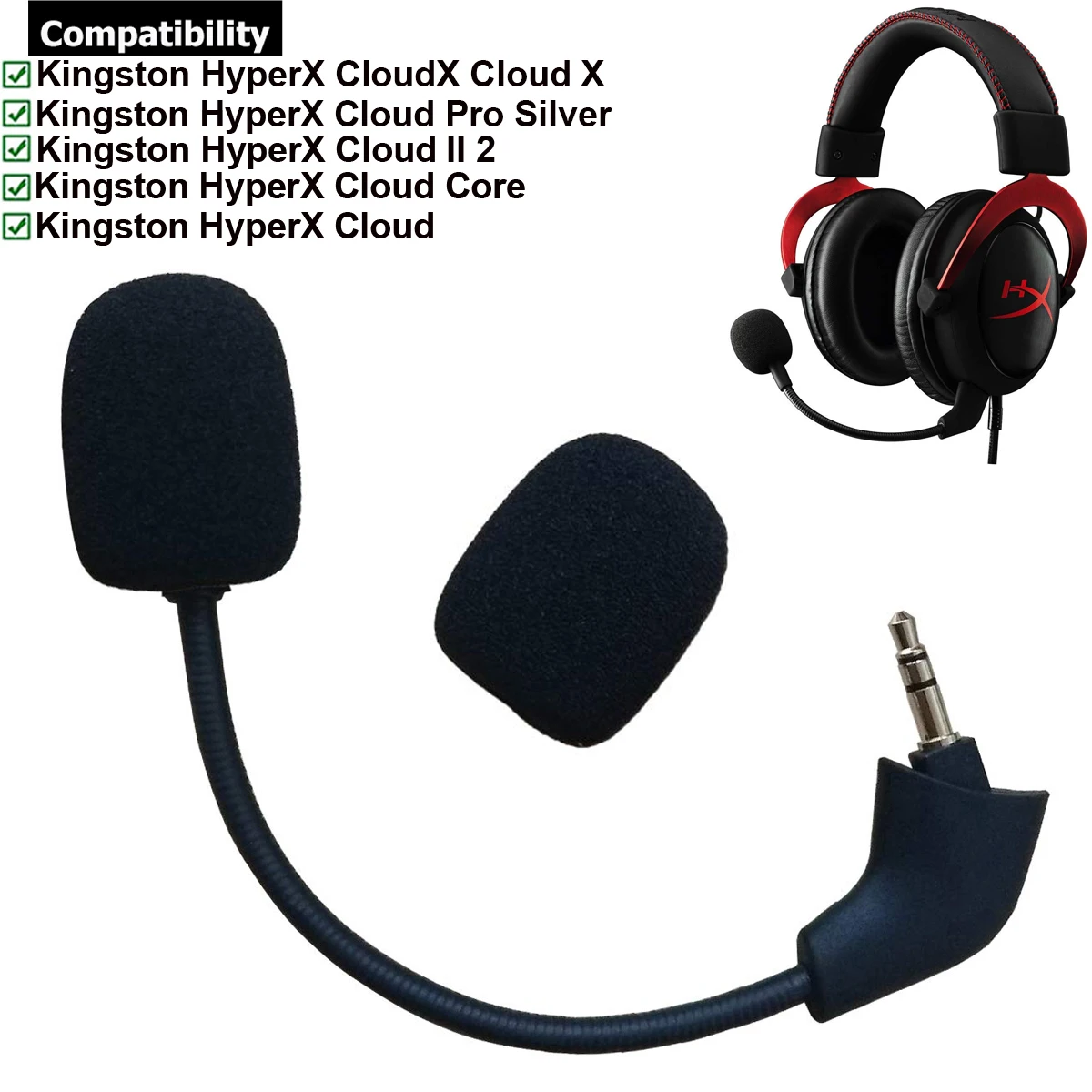 

Replacement Game Mic 3.5mm Microphone for Kingston HyperX Cloud 2 II X Core Pro Silver Cloudx Gaming Headsets Headphones