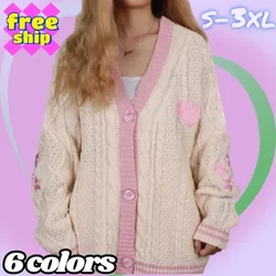 S-3XL Women Knit Pink Cardigan Autumn Long Sleeve Cotton Handmade Heart Lover Embroidery Warm Loose Fit Cardigan Knitwear Tops