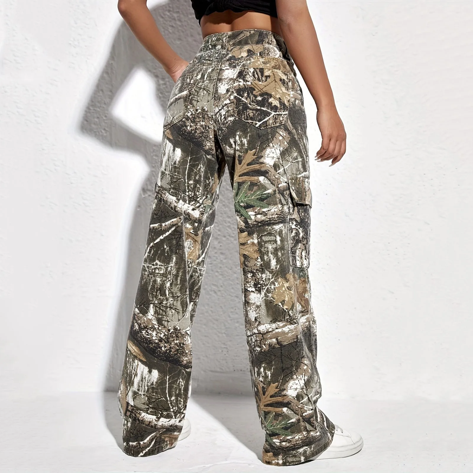 

Fashion Casual Prints Jeans Elastic High Waist Multi-Pockets Cargo Trousers Harajuku Straight Tube Trousers Y2K Steetwear Pants
