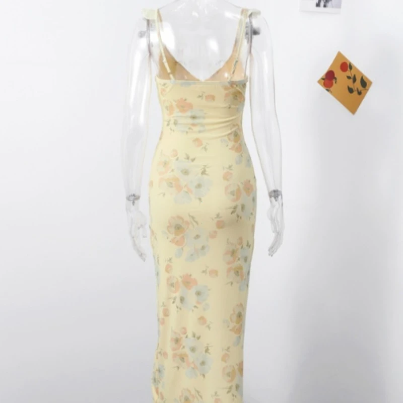 Flower Printed Women' Sexy Low-cut Dress Sleeveless Backless Slim Sling...