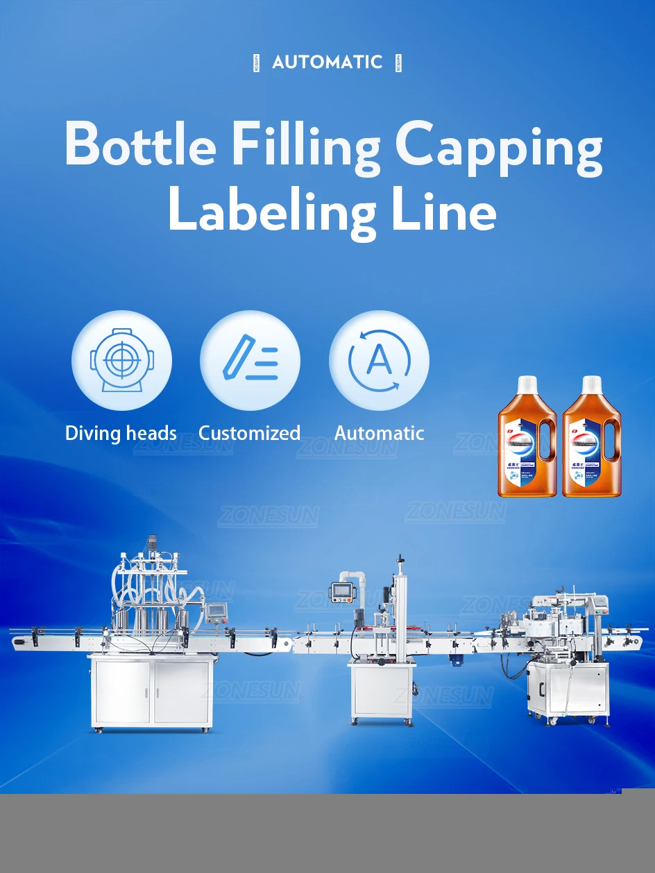 ZONESUN ZS-FAL180X8 4 Heads Piston Pump Liquid Filling Capping Square Bottle Double Sizes Labeling Machine