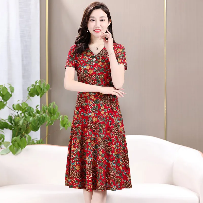 

Summer Short Sleeve Waist A-Line Dresses Stylish Three-dimensional Decoration Female Vintage Printed Casual V-Neck Midi Dress