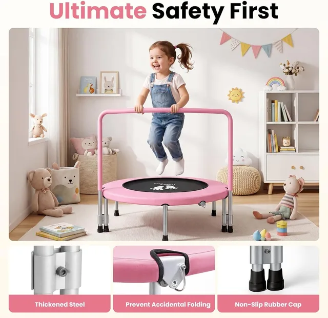 36" Toddler Trampoline for Kids Ages 1-6 with Safety Pad, Adjustable Handle, Easy Fold, Indoor/Garden Fun & Exercise
