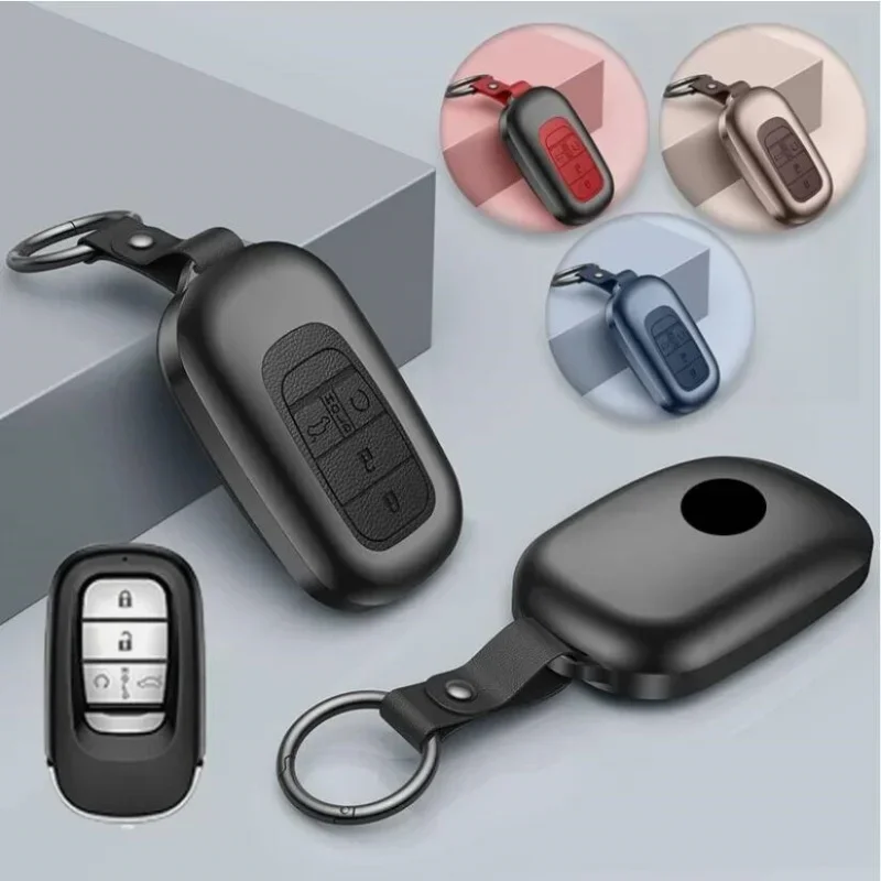 

Aluminum Alloy Leather Remote Smaer Car Key Fob Case Cover Bag With Keychain For Honda Civic Vezel Accord HR-V Pilot Freed CR-V