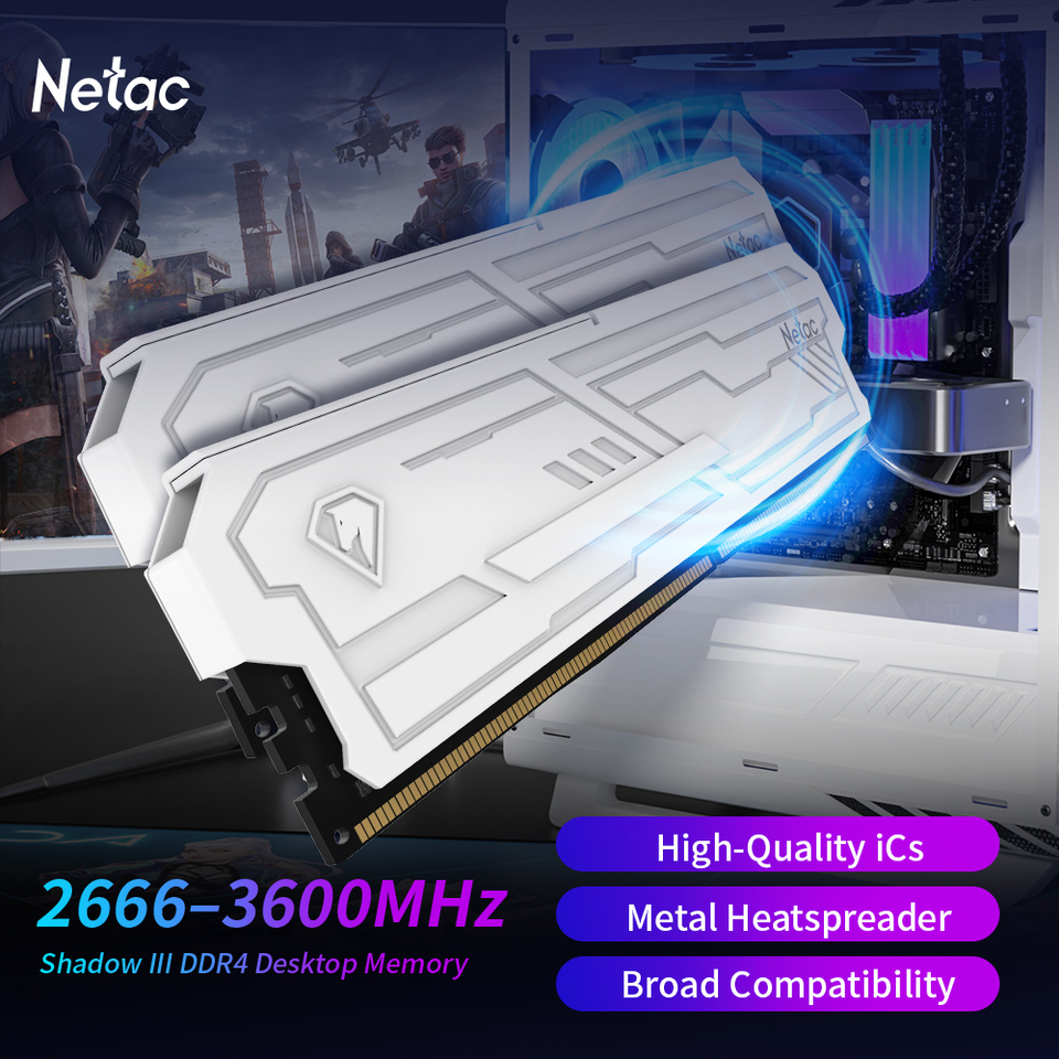 Netac DDR4 Ram Memory 8G 16G DDR4 3200MHz 3600MHz 8GX2 16GX2 Shadow Ill UDIMM DDR4 1.35V XMP2.0 with Metal HeatSink for Desktop