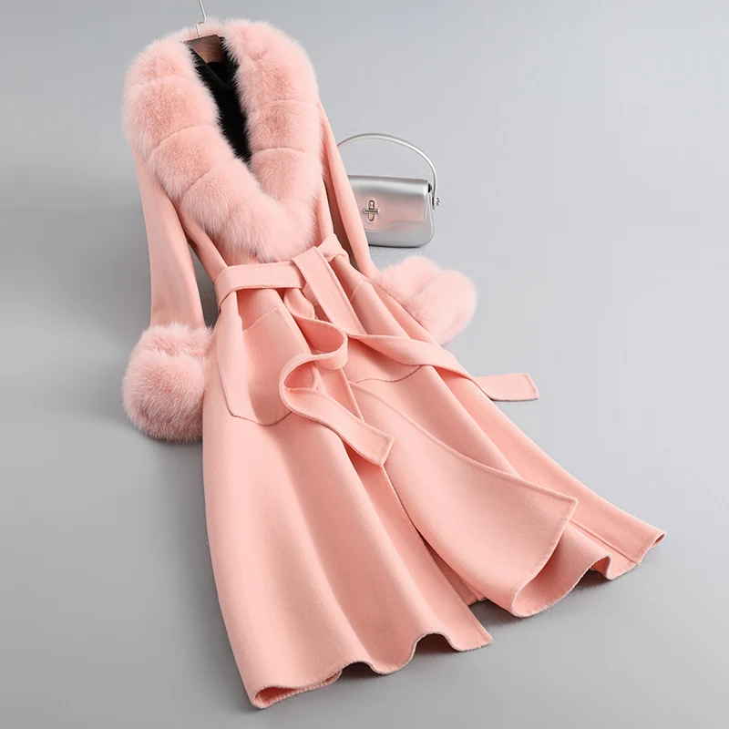 

Pudi 2023 New Fashion Real Wool Blends Women Coat Winter Warm Genuine Fox Fur Collar Hot Lady Jacket CT357