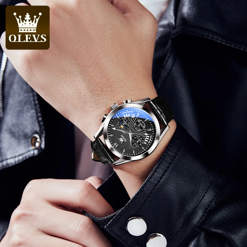 OLEVS Quartz Watch for Men Stainless Steel Waterproof Luminous Leather Strap Moon Phase Multifunctional Men's Watches New Reloj