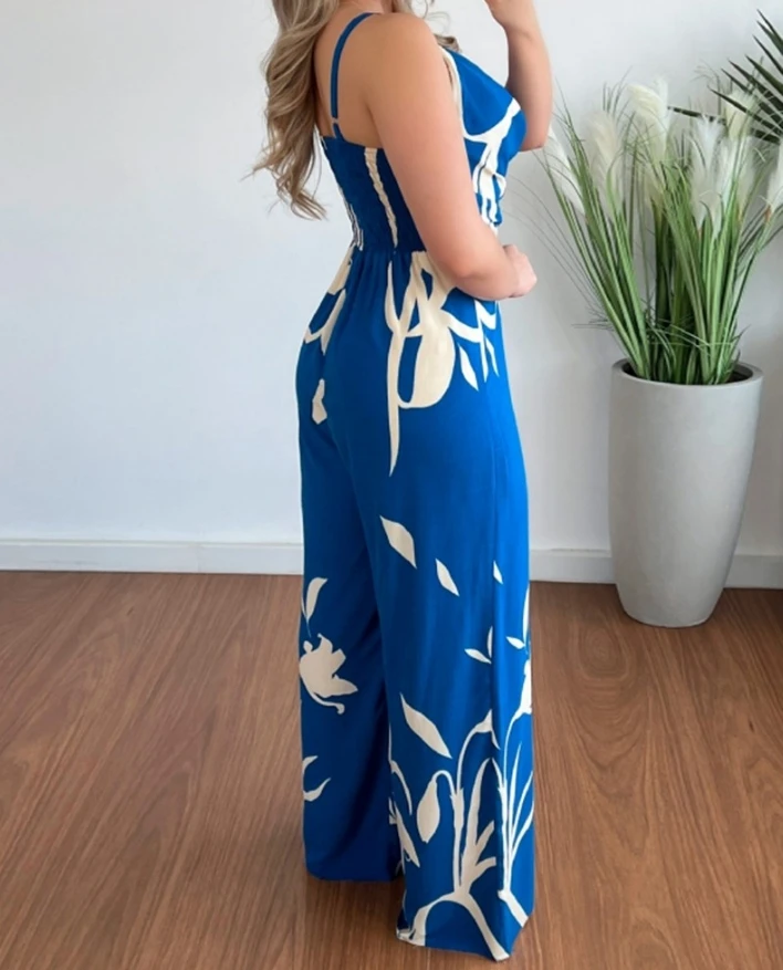 Jumpsuit Women Summer Fashion Tropical Print Sleeveless Casual V-Neck High Waist Ruched Wide Leg Daily Vacation Long Jumpsuit