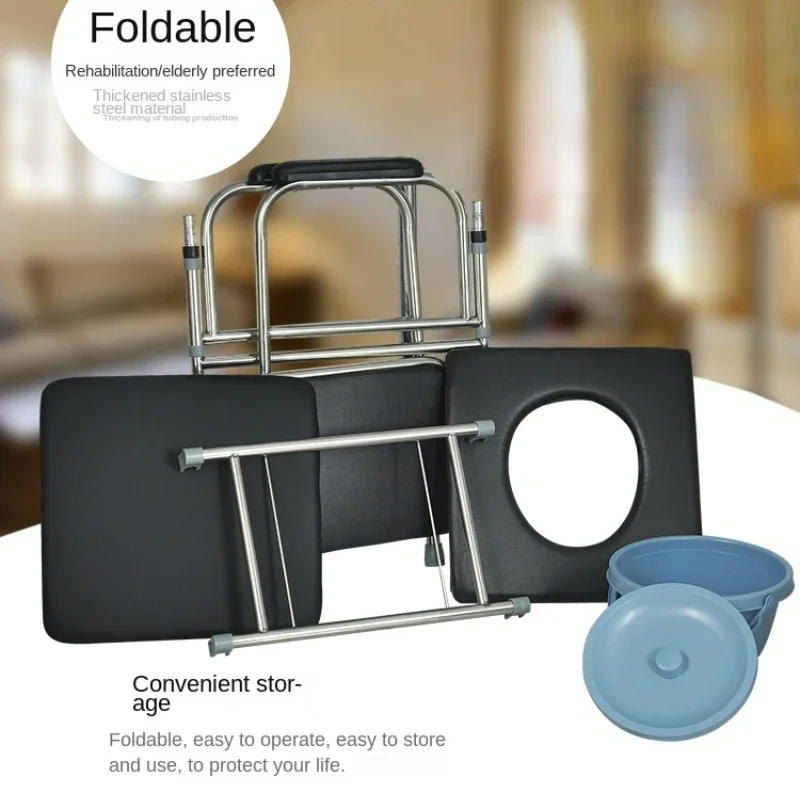 Adjustable Toilet Wheelchair: Four Wheel Brake, Foldable Large Backrest, Shower Chair for Elderly, Stainless Steel Seat 5