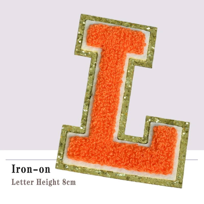 thumbnail image 1 of Parches de chenilla naranja con letras para planchar de alta calidad, apliques bordados para manualidades de costura con personalidad DIY, 1 of 5