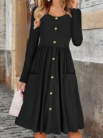 Elegant Solid Color Button-Detail Round Neck Long Sleeve Mid-Length Plus Size Women's Dress for Autumn - Image 2