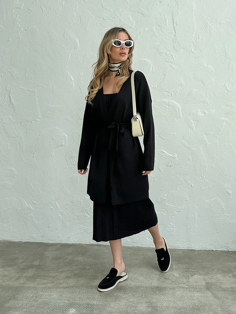 

Knitted Two Piece Women Sets Loungewear Bandage Cardigan Dress Suit Sexy Women Dress Sets Knit 2 Pieces Sets Women Outfits 2023