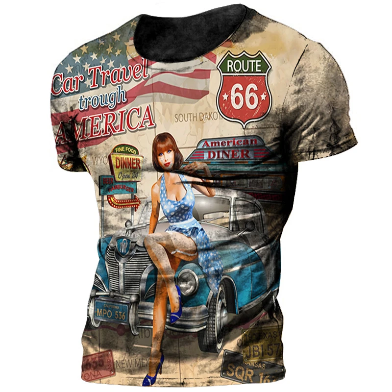 Vintage 66 Route T-Shirt Per Uomo 3D Stampato Biker Motor Magliette Da Uomo Maglietta Oversize Route 66 Racing Manica Corta Camiseta