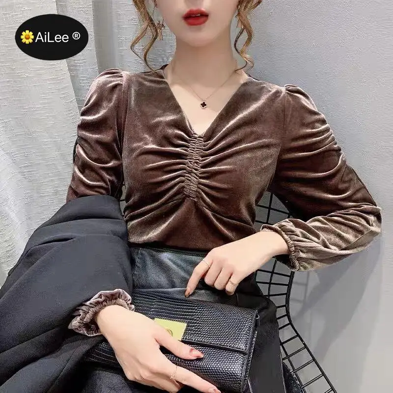 Sexy Hot Winter Tops Women Lady Golden Velvet Fleece Blouse Ruched Pleated Stitching N Neck Long Sleeve Shirts Office Streetwear sexy and elegant women s evening dress 2023 autumn new sexy deep v neck ruched bodycon dress long sleeved pleated dress
