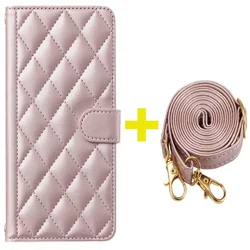 Stylish Checkered Leather Crossbody Wallet Case - Luxury Magnetic Cover for Reno 12 (Rose gold - Long Strap)