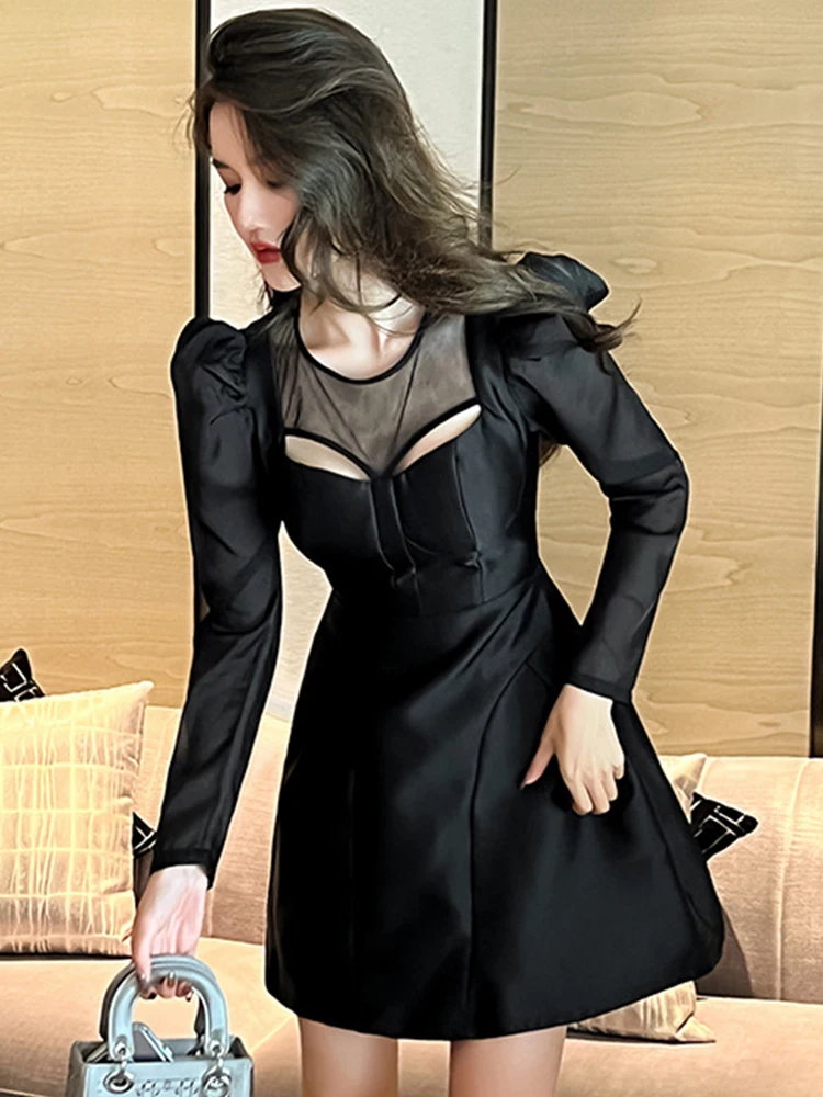 

Spring Autumn Korean Women Evening Dress Black Chic Hollow Sexy Puff Sleeve Slim Mini Dresses Party Gown Mujer Vestidos Fiesta