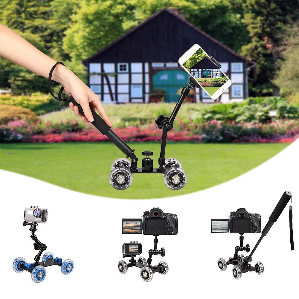 Rail Rolling Sliding Dolly Stabilizer Skater Slider for Camera Smartphone Photography Car with Smart Phone Clip and Ball Head