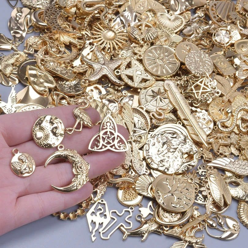 10/30pcs 18k Real Gold Plated Stainless Steel Charm For Jewelry Making  Wicca Heart Fatima Hand Moon Pendant Charm Bulk Materials