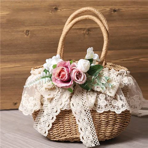INS Style Straw Bags With Simulation Flower Beach Bag Countryside Girls' Handbag Fashion Handmade Bags Summer Accessories 6
