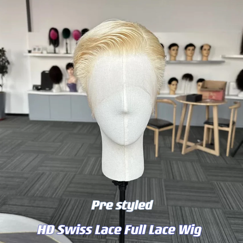 Full HD peruki typu Lace z ludzkich włosów dla mężczyzn wstępnie stylizowana męska peruka modny krój System ludzkie dziewicze włosy bezklejowa męska peruka łatwa do noszenia