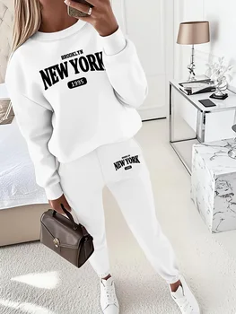 New York Print Two piece Set Casual Kangaroo Women's Casual Fashion Round Neck Sweatshirt, Solid Color Long Sleeves Sweatshirt, 1