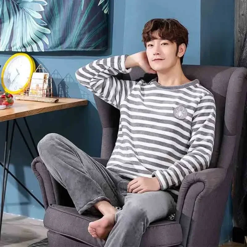 Winter Warm Flannel Pajama Set Men Long Sleeve Thick For Men Coral Velvet Cute Cartoon Suit Pyjamas Homewear New Sleepwear