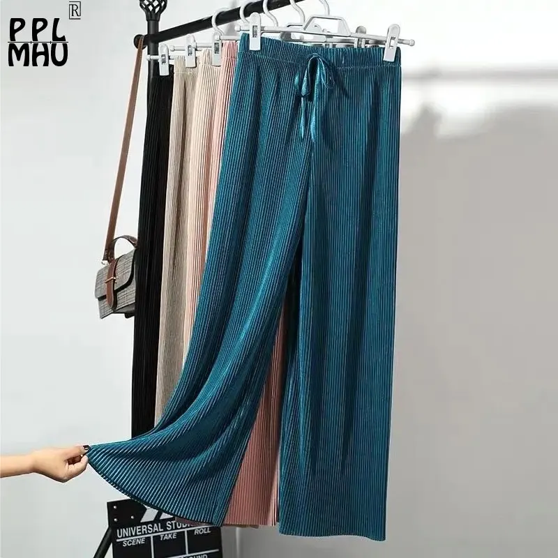 

2022 Summer Ice Silk Wide Leg Pants Women Thin Casual Stripe Sashes Baggy Pantalones Ankle Length Elastic Waist Straight Pants