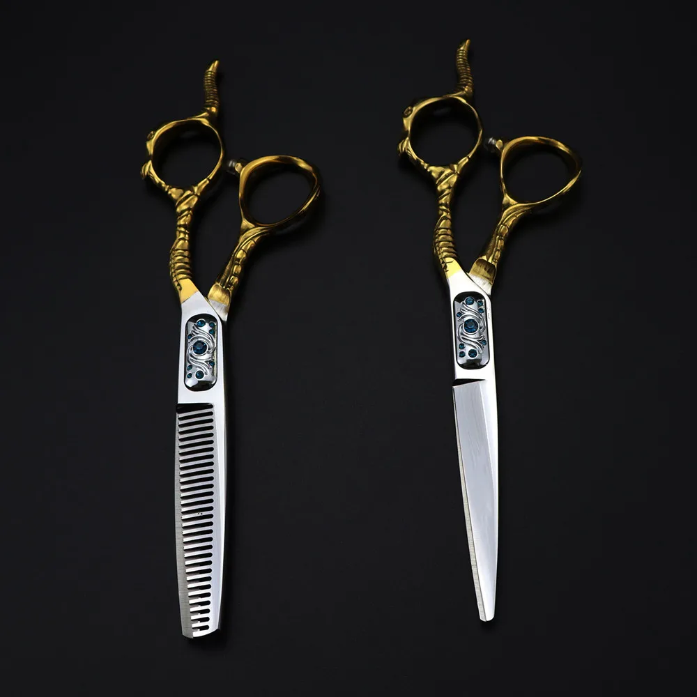 전문 JP 440c 스틸 6 인치 가위, 골드 양 헤어 가위, 헤어컷, 숱치기용 이발사 커팅 가위, 미용 가위