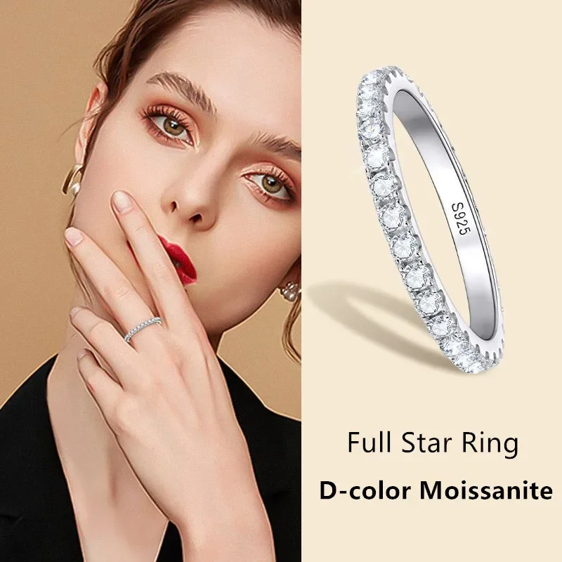 

AIOSC 2mm 925 Sterling Silver Moissanite Row Rings Full Circle for Women Diamond Rings Eternity Wedding Band Engagement Jewelry