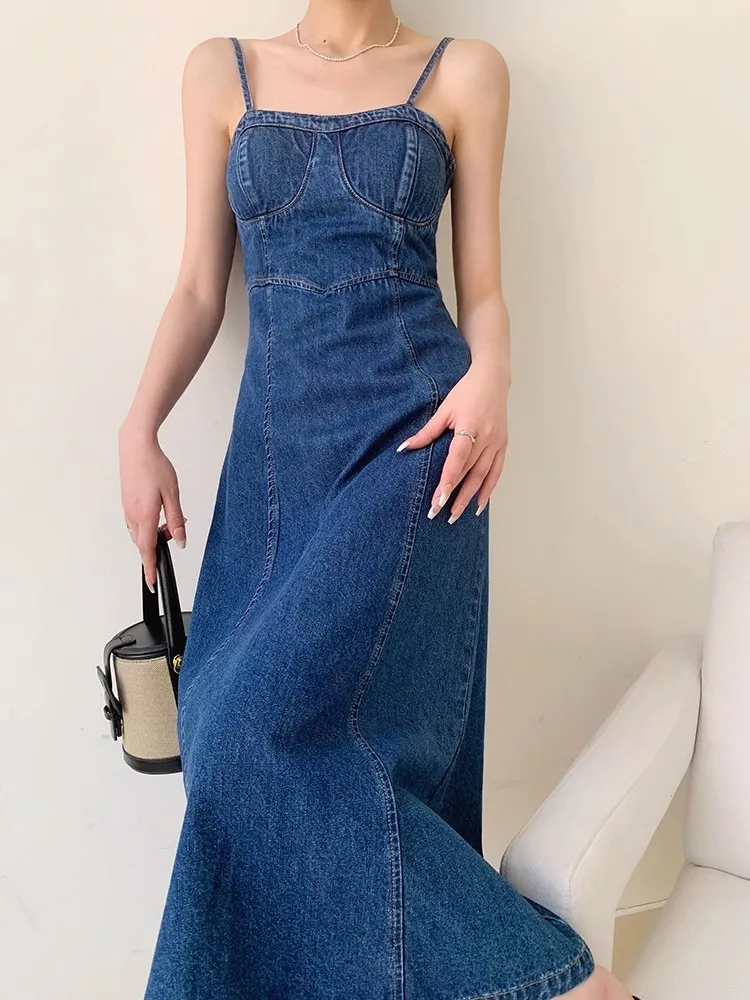 

French Denim Camisole Dress For Women'S Summer Retro Washed High-Quality Fabric Design, Slim Slit Long Skirt