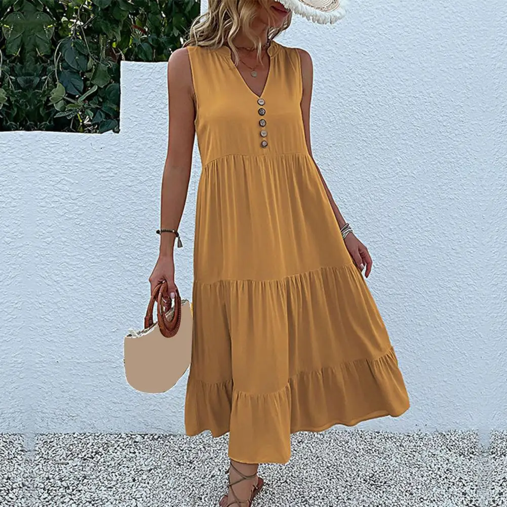 

Women Summer Dress V Neck Sleeveless Patchwork A-line Hem Pure Color Button Decor Big Swing Soft Mid-calf Length Vacation Beach