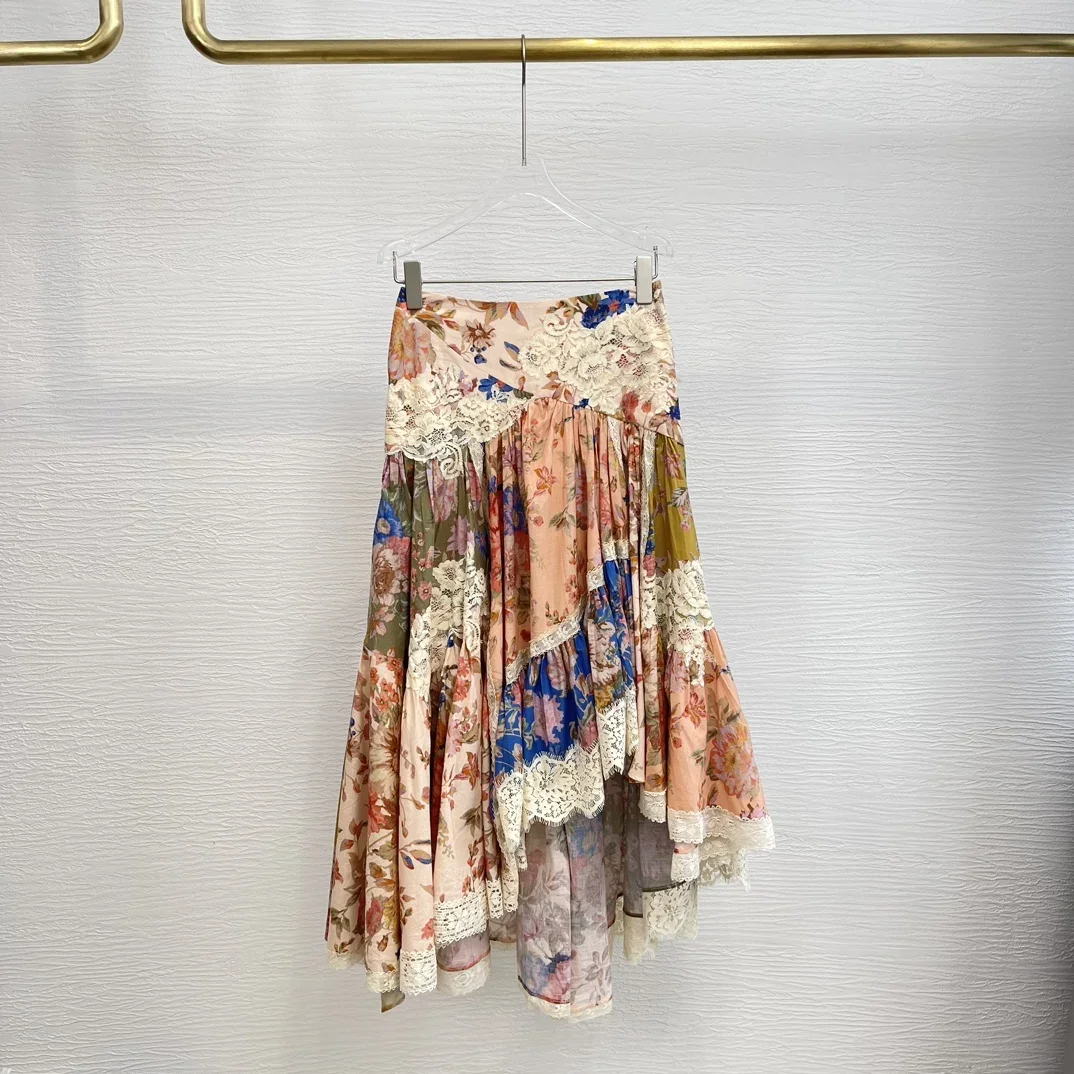 

Женская кружевная юбка средней длины, асимметричная юбка составного кроя с цветочным принтом для отдыха, 2024