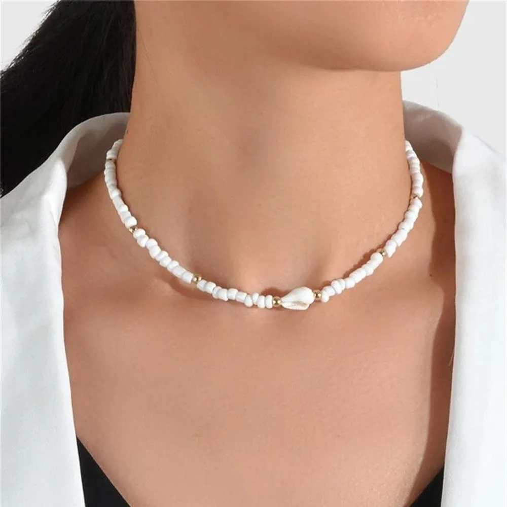 

Boho Fashion Boho White Bead Chain Conch Shell Pendant Necklace For Women Vintage Female National Style Girlfriend Gift Jewelry