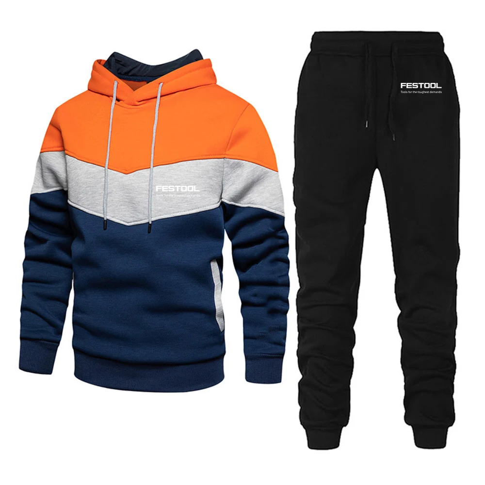 Festool 2023 Spring and Autumn New Men Casual Three Color Stitching Patchwork Hoodies+ Comfortable Trousers Set