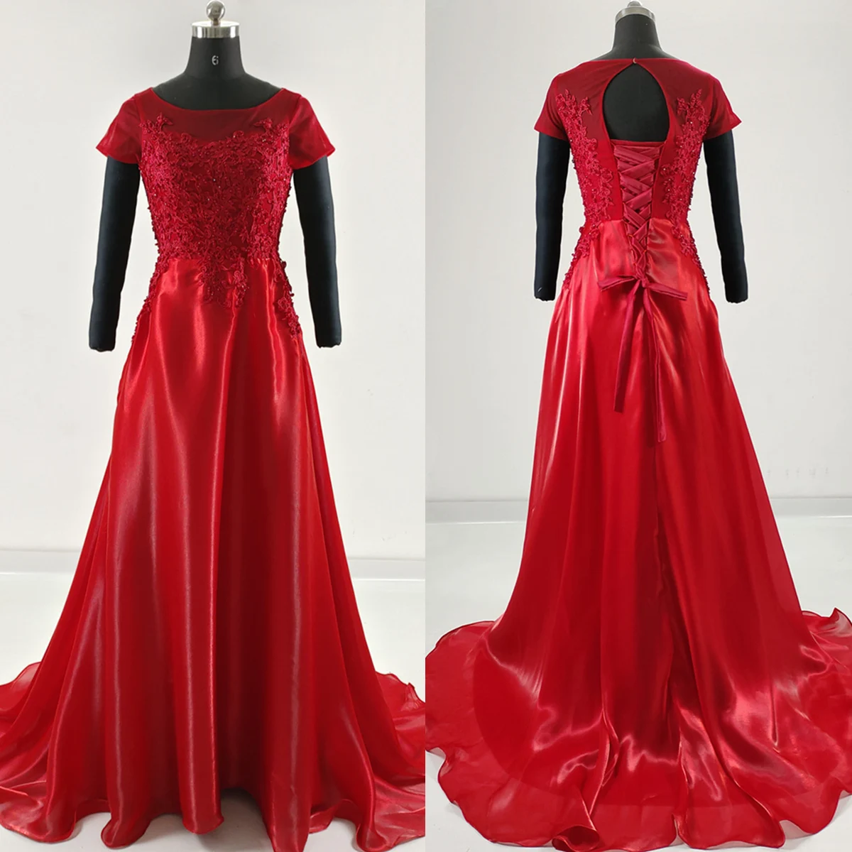 

Real Photo Evening Dress Burgundy Appliques O-neck Short Sleeves A-line Floor length Lace up Plus size Women Party Formal Gowns