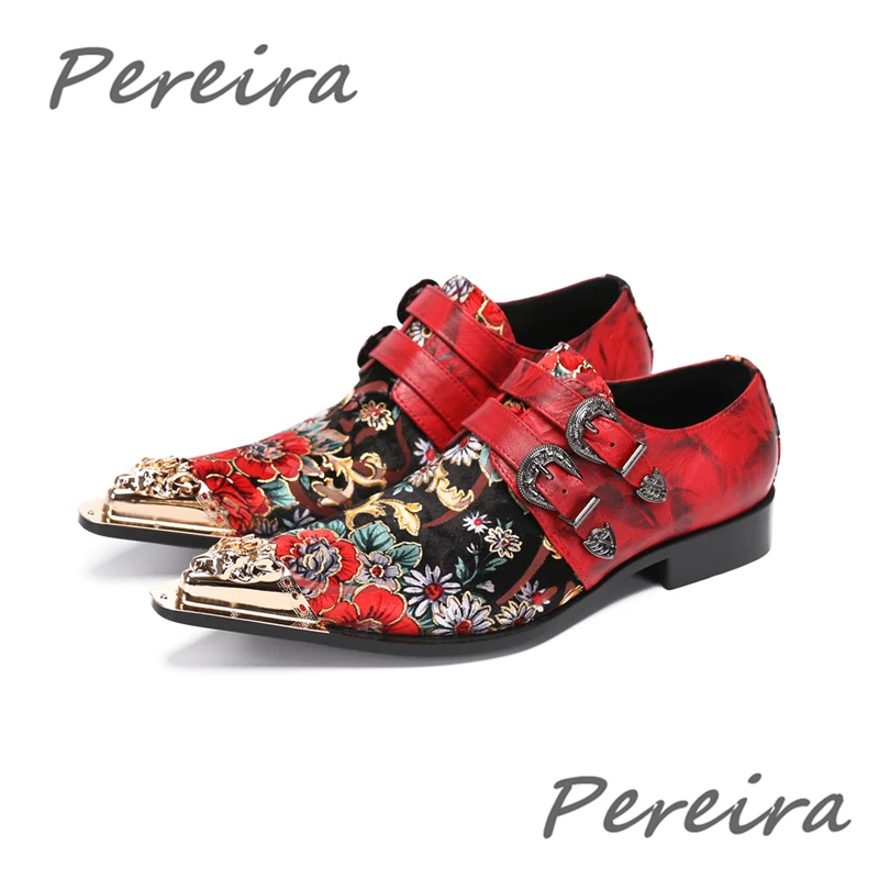 

Red Prints Men's Dress Shoes Metal Buckle Pointed Toe Genuine Leather Slip-On Loafers Fashion Party Banquet Wedding Male Shoes