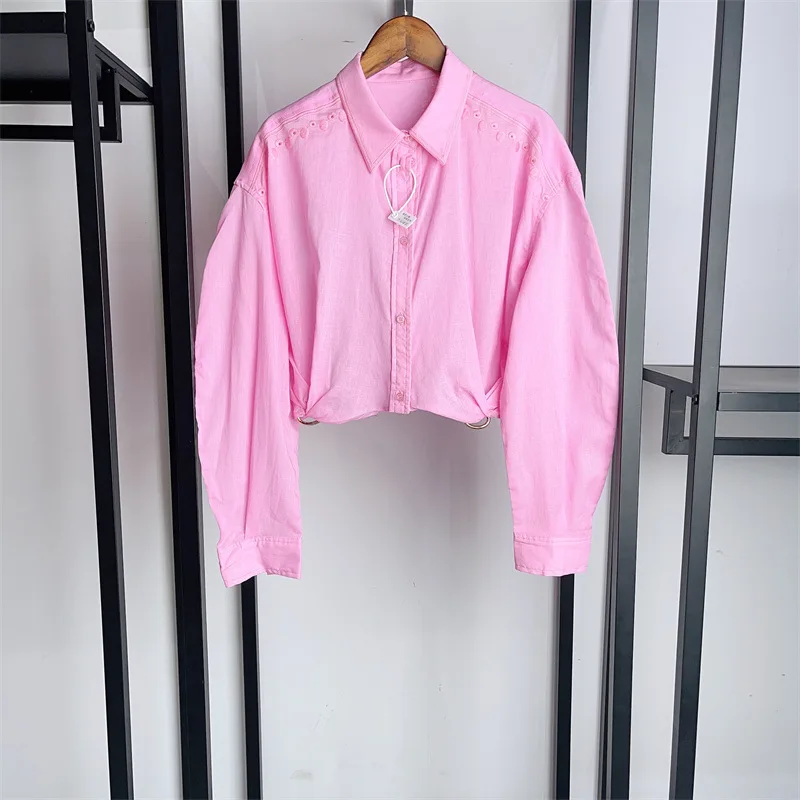 

Women's Set 2024 New Spring Summer Polo Collar Single Breasted Casual Long Sleeve Shirt or High Waist Big Flared Jeans