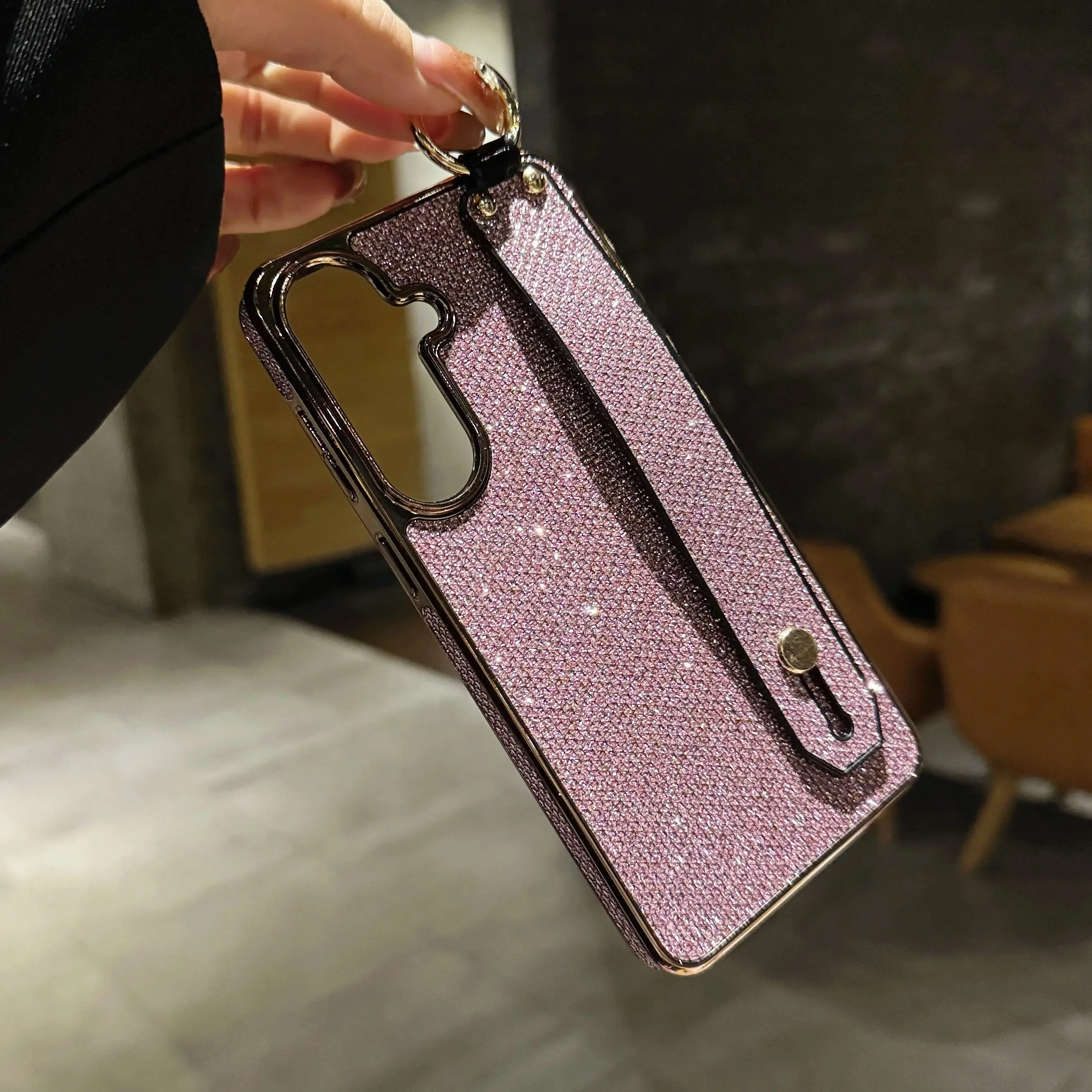 Bling Glitter Sparkling Wristband Holder Grip Case with Electroplated Cover and Wrist Strap