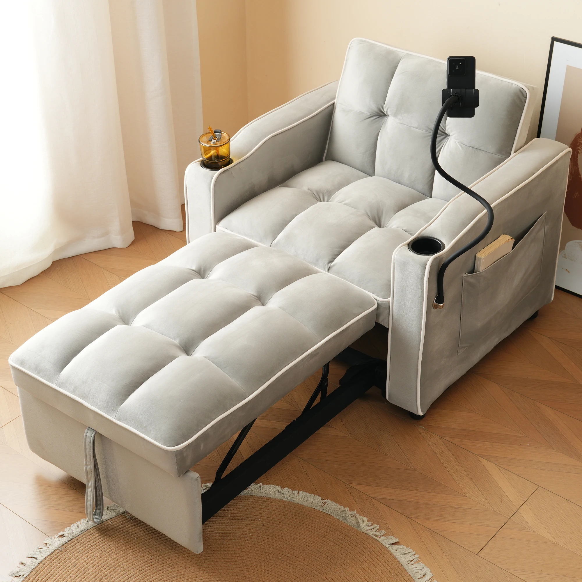 KOMHTOM 3 In 1 Ausziehbares Einzel Schlafsofa Sofa Liegestuhl Schlafstuhl Sessel Mit Getränkehaltern Und Handyhalter – Detail 1