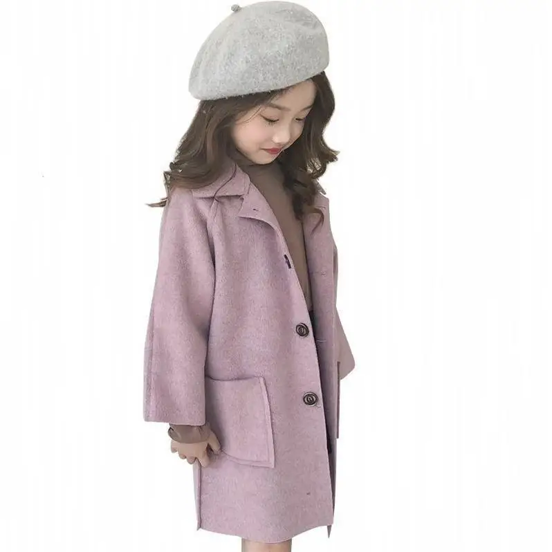 

Kids Girls Autumn Winter Coats 2023 New Arrival Children Woolen X-long Coat Pink Purple Gray Cotton Clothing Korean Style