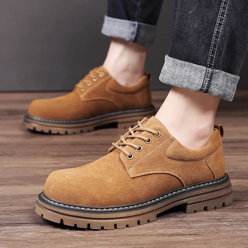 Men ML British lace-up boots platform anti-slip suede casual round toe leather shoes low help working
