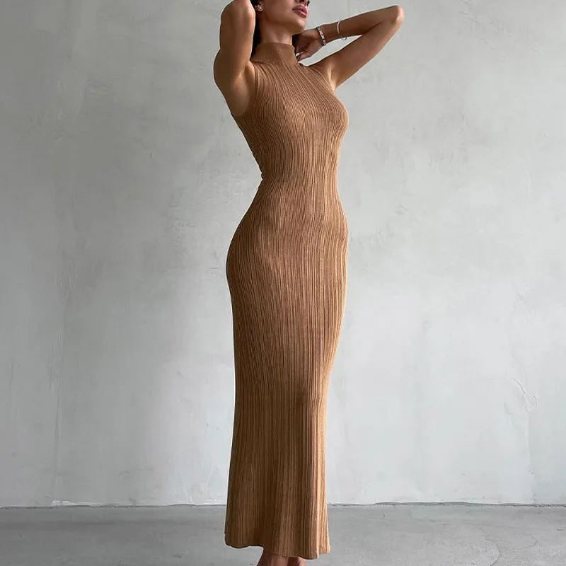 Pletené vysoký krk bez rukávů striktní šaty 2024 jaro a léto nový mid-length elegantní šaty