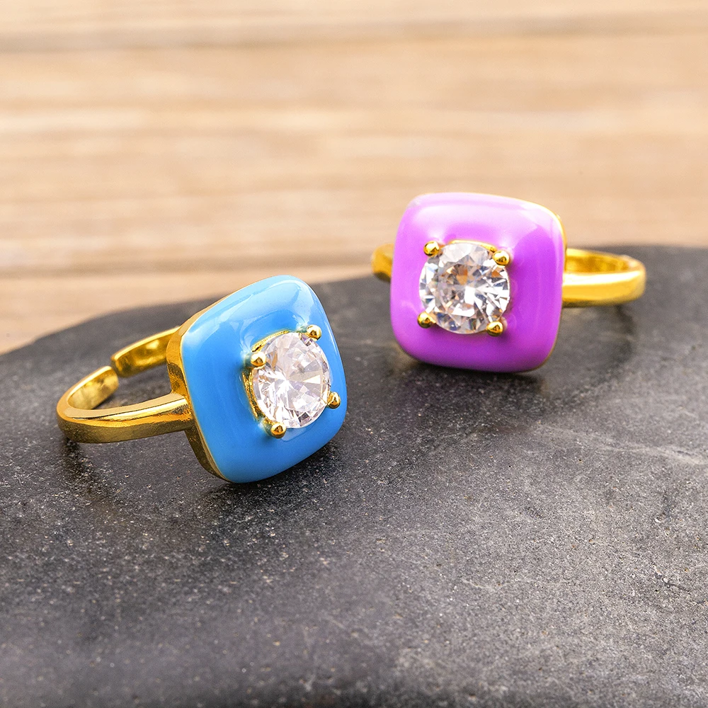 AIBEF Trendy Korean Enamel Candy Color Geometric Square Adjustable Retro Oil Dripping Ring Women Charm Fine Jewelry Wedding Gift wedding rings womens ring finger rings jewelry rings ring jewelry