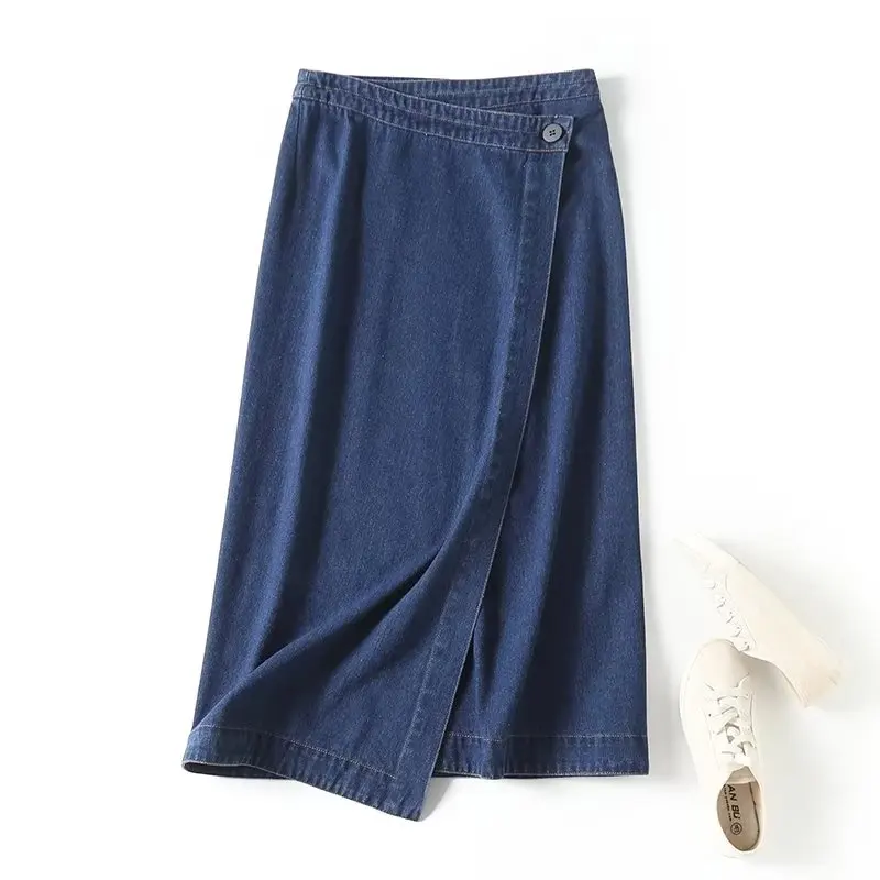 Withered England Office lady Fashion Denim Skirt Women Elegant High Street High Waist Asymmetric Midi Skirt Ladies women s elegant two pieces shorts suit lady summer high street sweet o neck short sleeve short outwear top high waist shorts